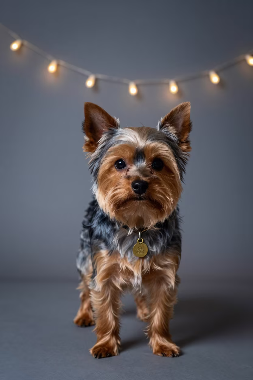 Yorkshire Terrier Portrait in Studio with String Lights in in a quiet portrait studio with a plain backdrop and eye-level framing near Niamey