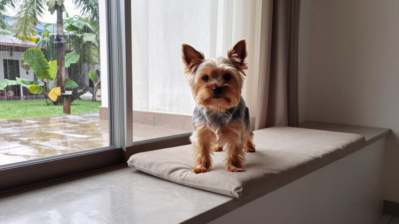 Yorkshire Terrier Portrait on Window Seat in on a cushioned window seat with soft side light and an uncluttered background in Chetumal