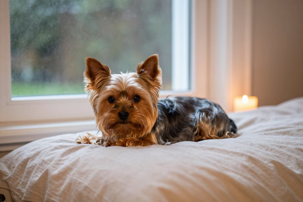 Yorkshire Terrier Resting on Bedspread Near Window in on a bedspread near a bright window with calm indoor light near Nagpur