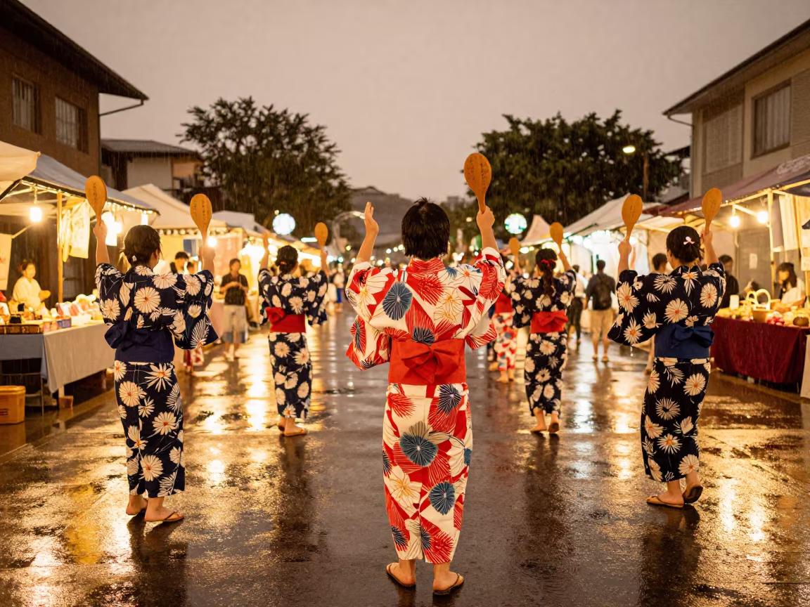 Yosakoi Dancers with Naruko Clappers in Campinas Night Market in at a night market in Campinas