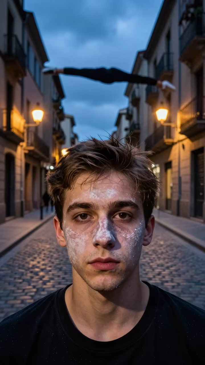 Young Acrobat Chalk Face Barcelona Evening in in El Born, Barcelona