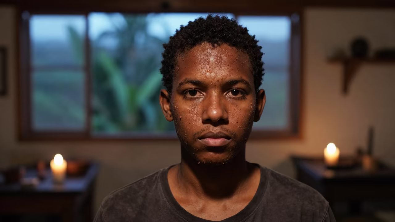 Young Blacksmith Apprentice Blisters Candlelight Charallave in inside a quiet rehearsal room in Charallave