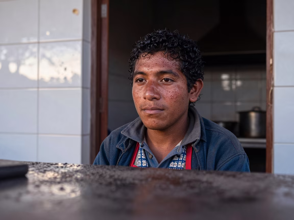 Young Blacksmith Apprentice Face Blisters Cusco in in a tiled kitchen doorway in San Pedro Market, Cusco