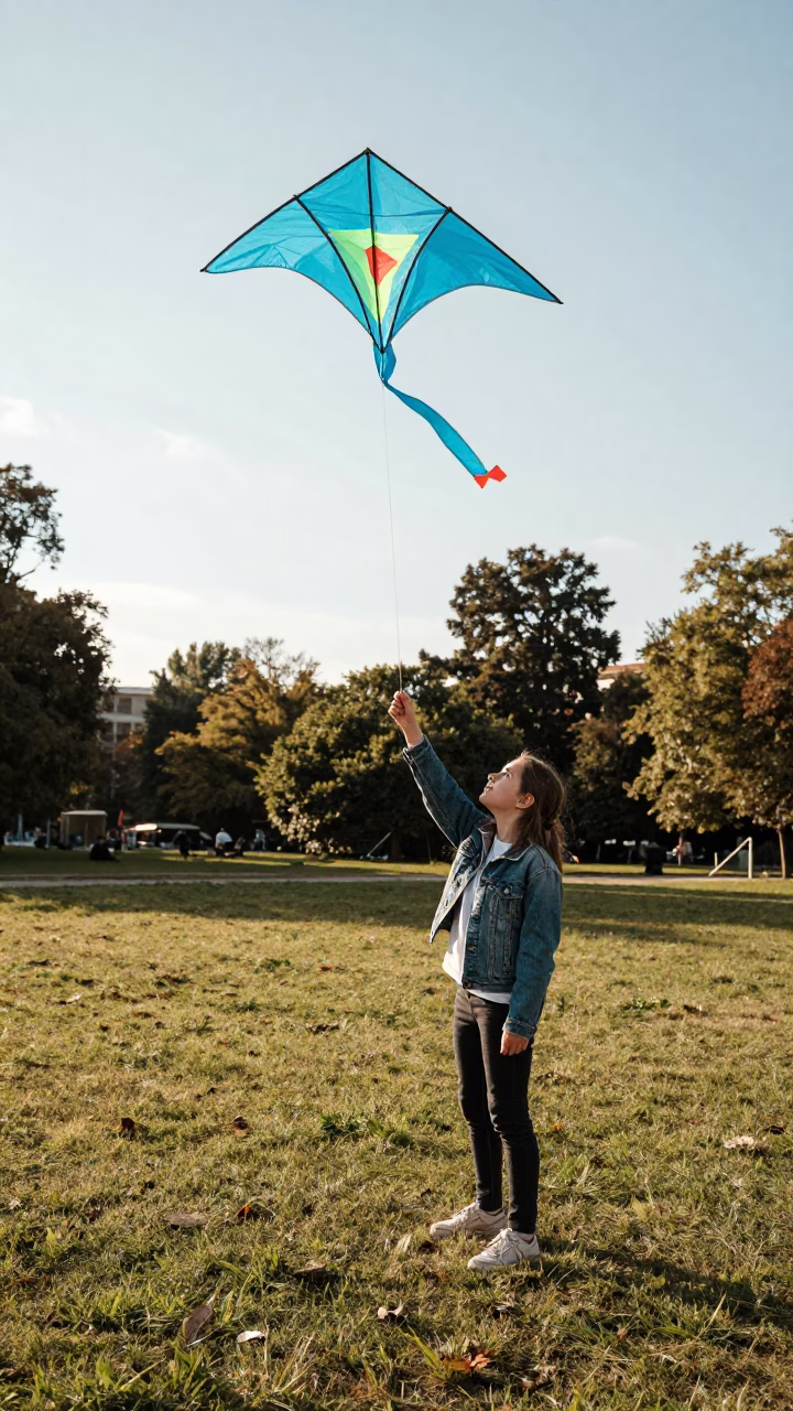 Young Girl Flying Colorful Kite in Vienna Park Early Afternoon Sunlight in in Vienna, Austria