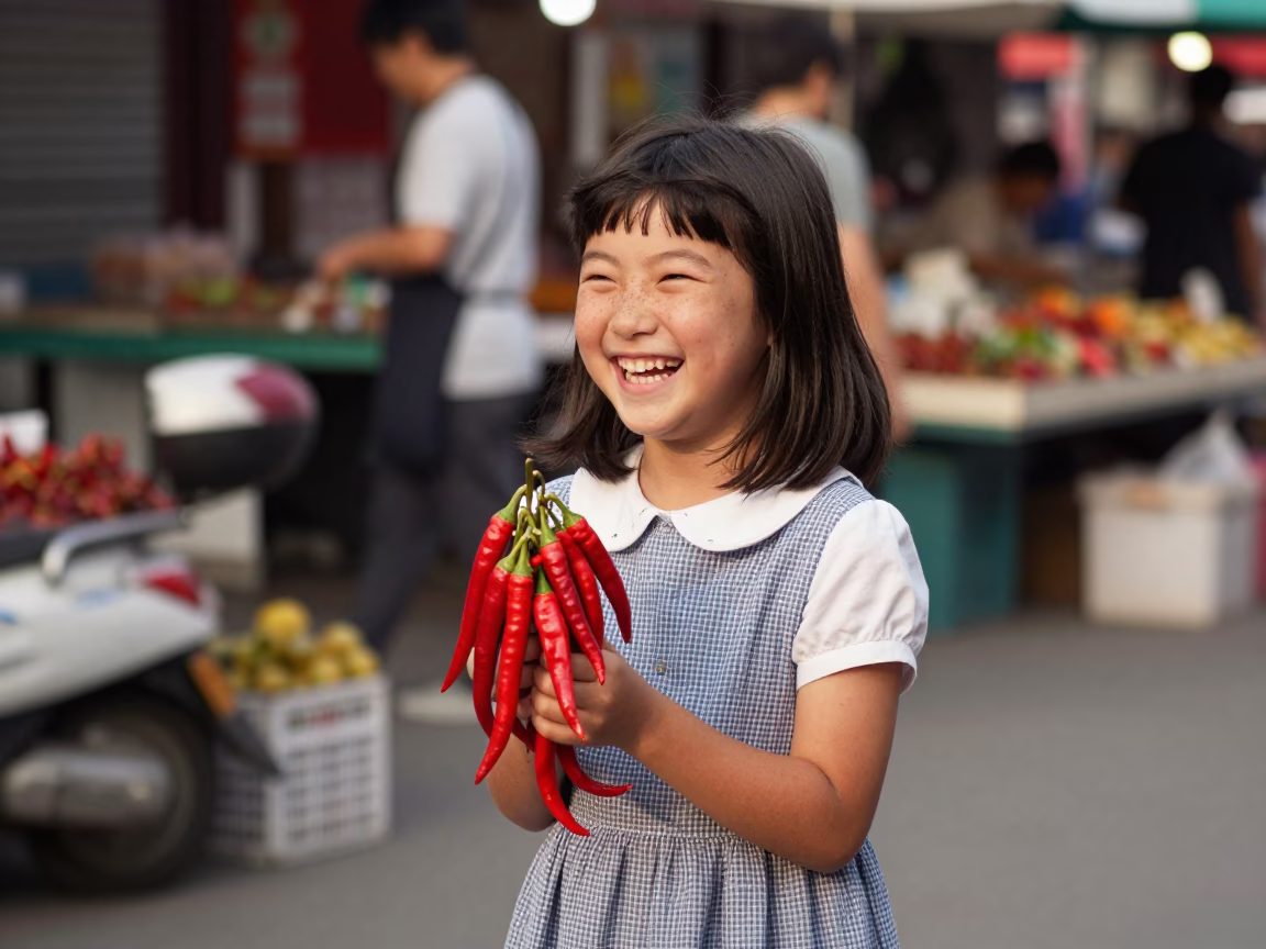 Young Girl with Freckles Laughing in Seoul Street Market Early Afternoon in in Seoul, South Korea
