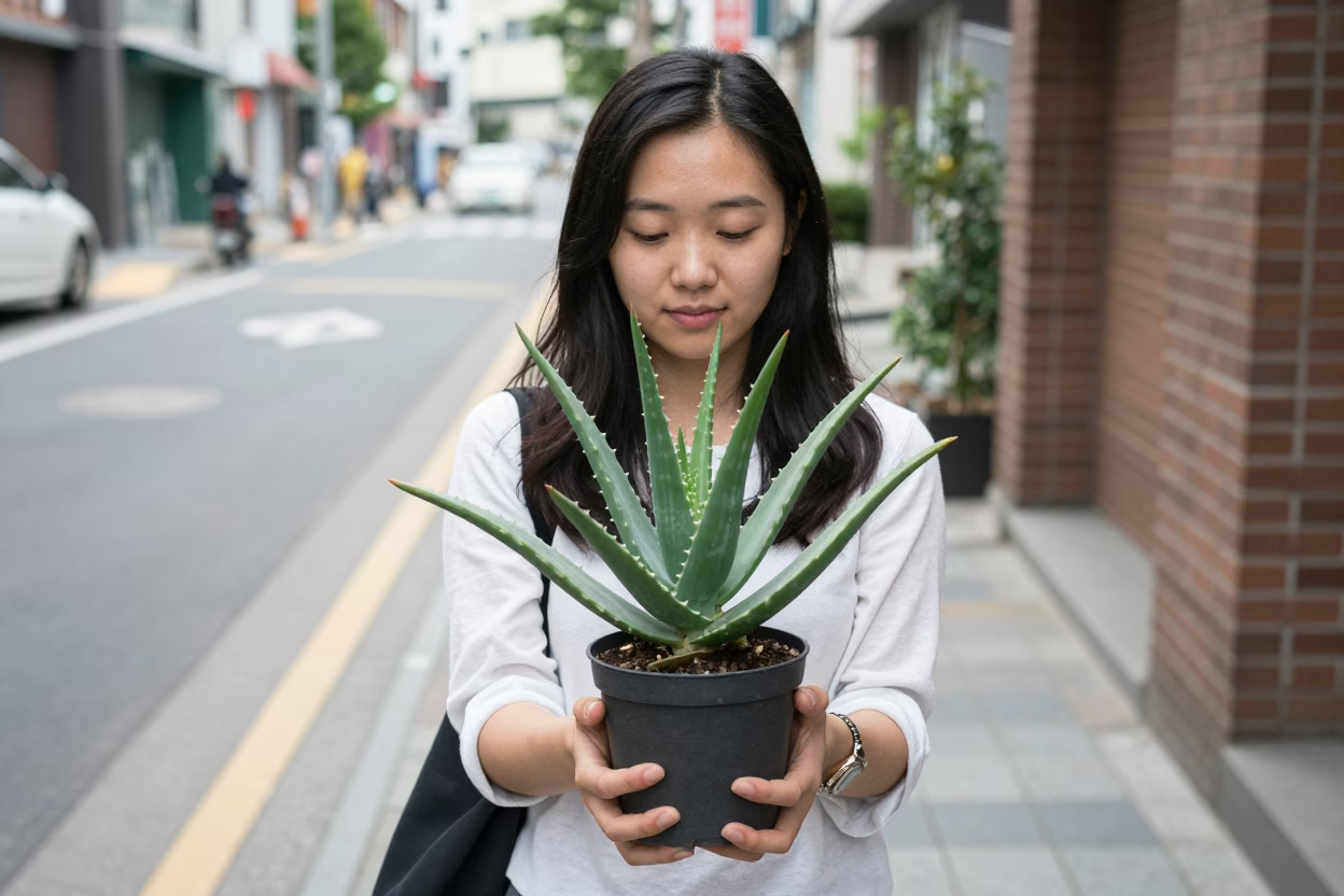 Young Korean Woman Holding Aloe Vera Plant on Busy Seoul Street in Early Afternoon in in Seoul, South Korea