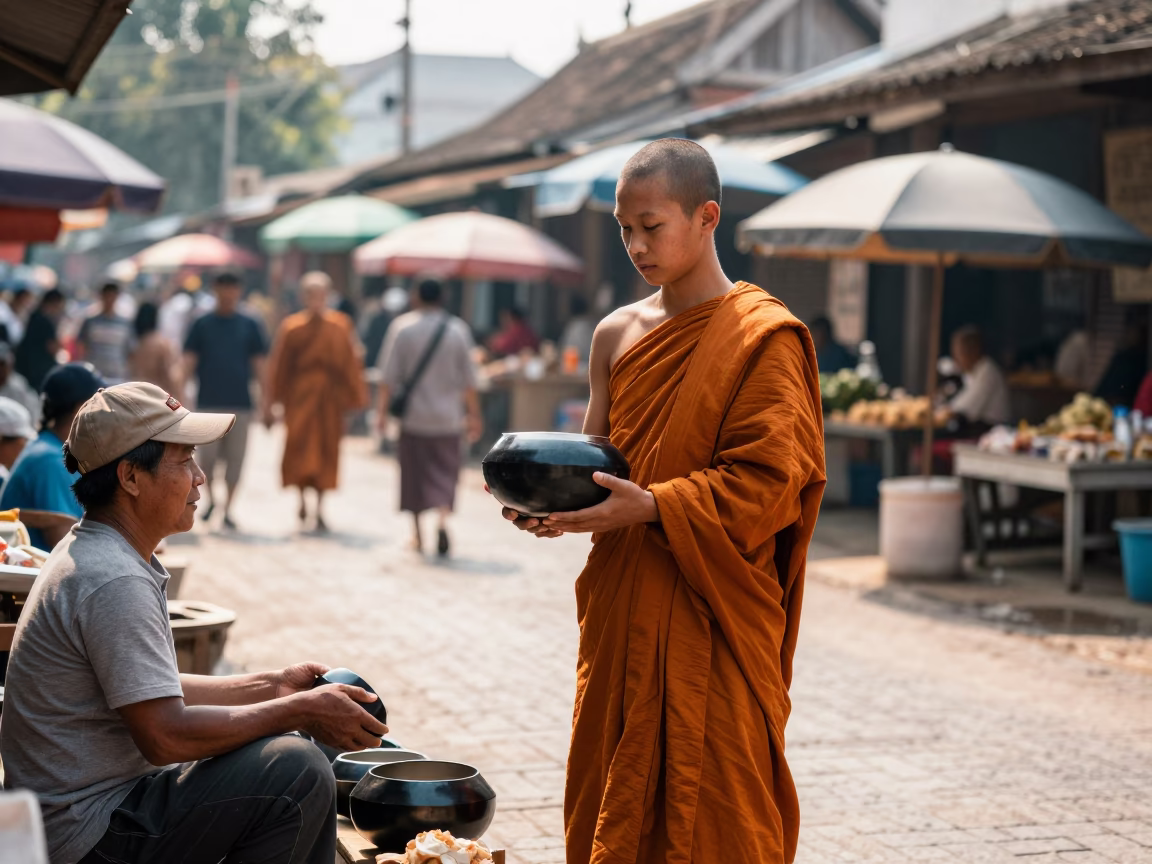 Young Monk Accepting Alms in Morning Market Luang Prabang Laos Noon in in Luang Prabang, Laos