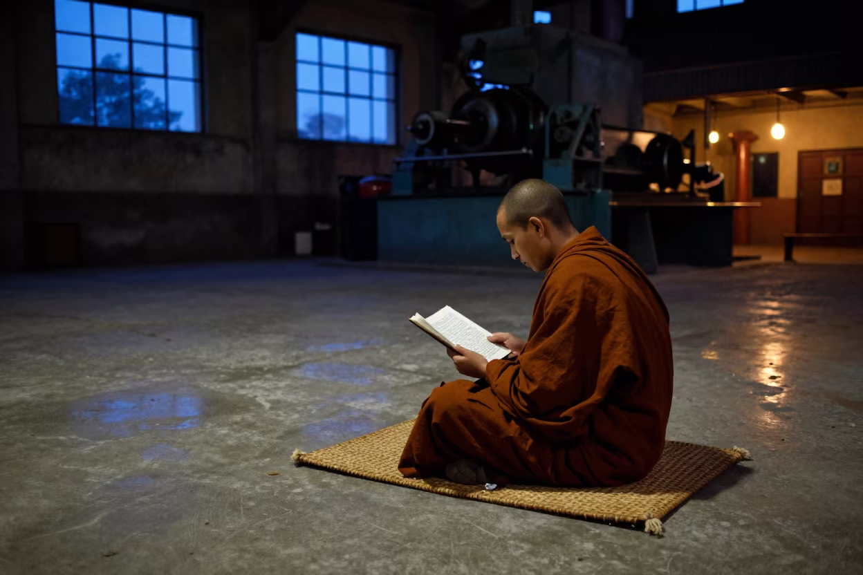 Young Monk Reading Scripture in Benha Foundry Twilight in in a foundry in Benha