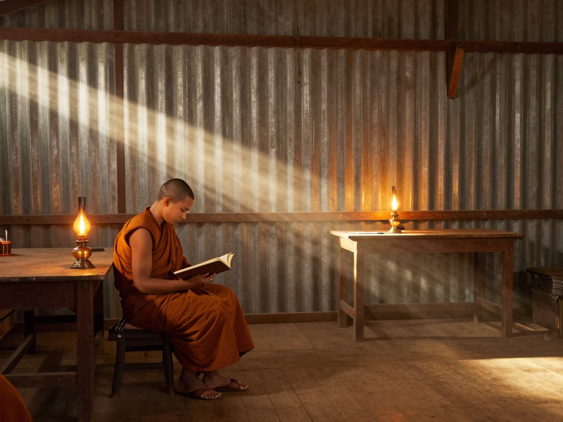 Young Monk Reading Scripture in Cape Town Workshop in in a workshop in Observatory, Cape Town