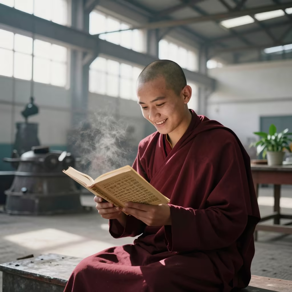 Young Monk Reading Scripture in Tashkent Foundry in in a foundry in Tashkent