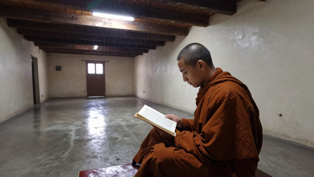 Young Monk Reading Scripture in Tripoli Warehouse Loft in in a warehouse loft in Tripoli