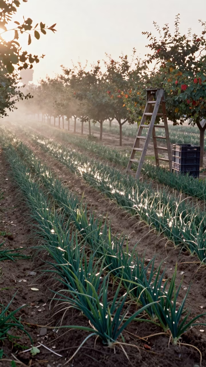 Young Onion Furrow Irrigated by Morning Light in Riyadh in among orchard ladders and crates near Riyadh