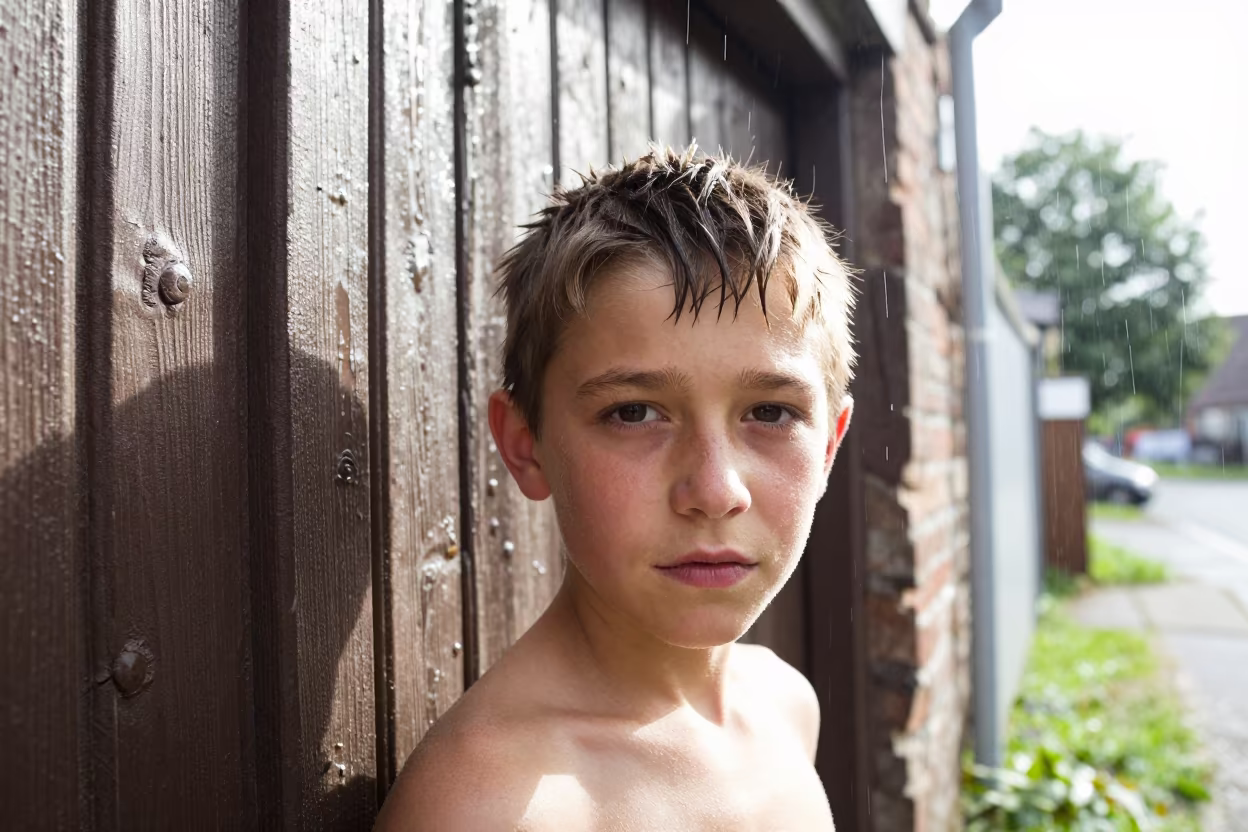Young Shepherd Boy in Rain Near Bremen in against a weathered doorway near Bremen
