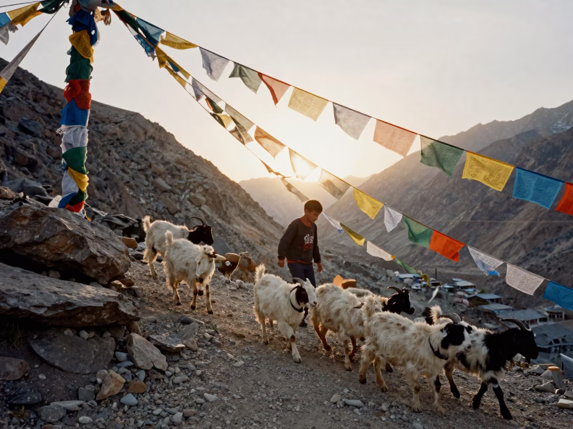 Young Shepherd Guides Goats Over Mountain Pass in along a high mountain pass beneath prayer flags near Leh
