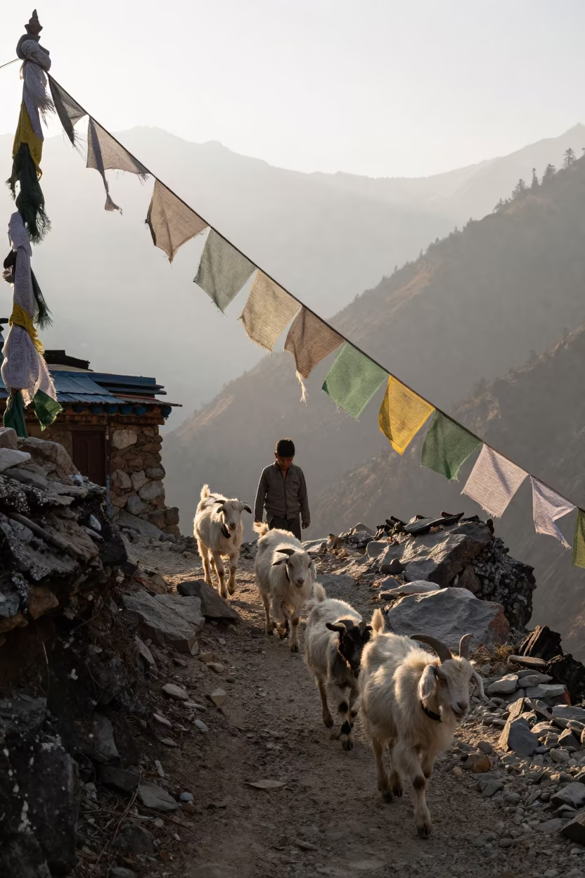 Young Shepherd Guiding Goats Through Mountain Pass at Sunrise in along a high mountain pass beneath prayer flags near Kathmandu