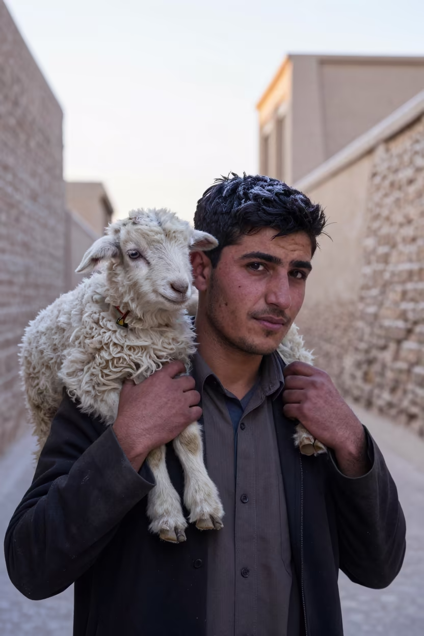 Young Shepherd With Lamb in Dawn Stone Alley in in a narrow stone alley near Yazd