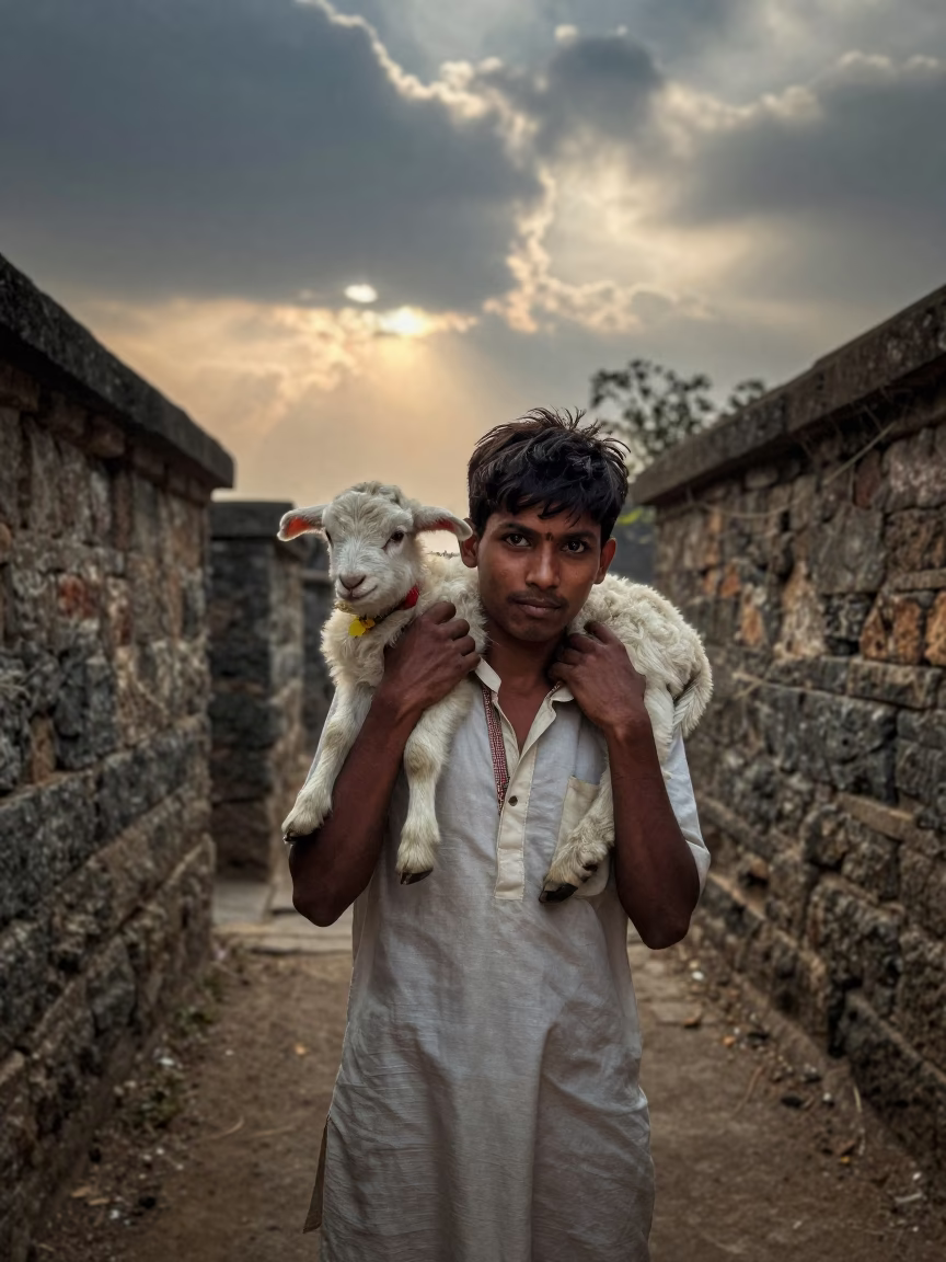 Young Shepherd and Lamb in Gaya Stone Alley at Dawn in in a narrow stone alley near Gaya
