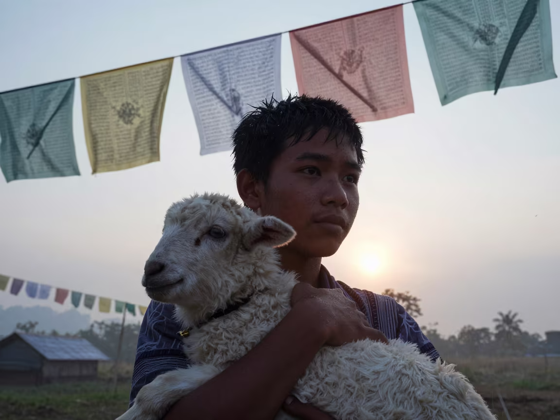Young Shepherd Lamb Prayer Flags Bangkok Sunrise in beneath a line of prayer flags near Bangkok