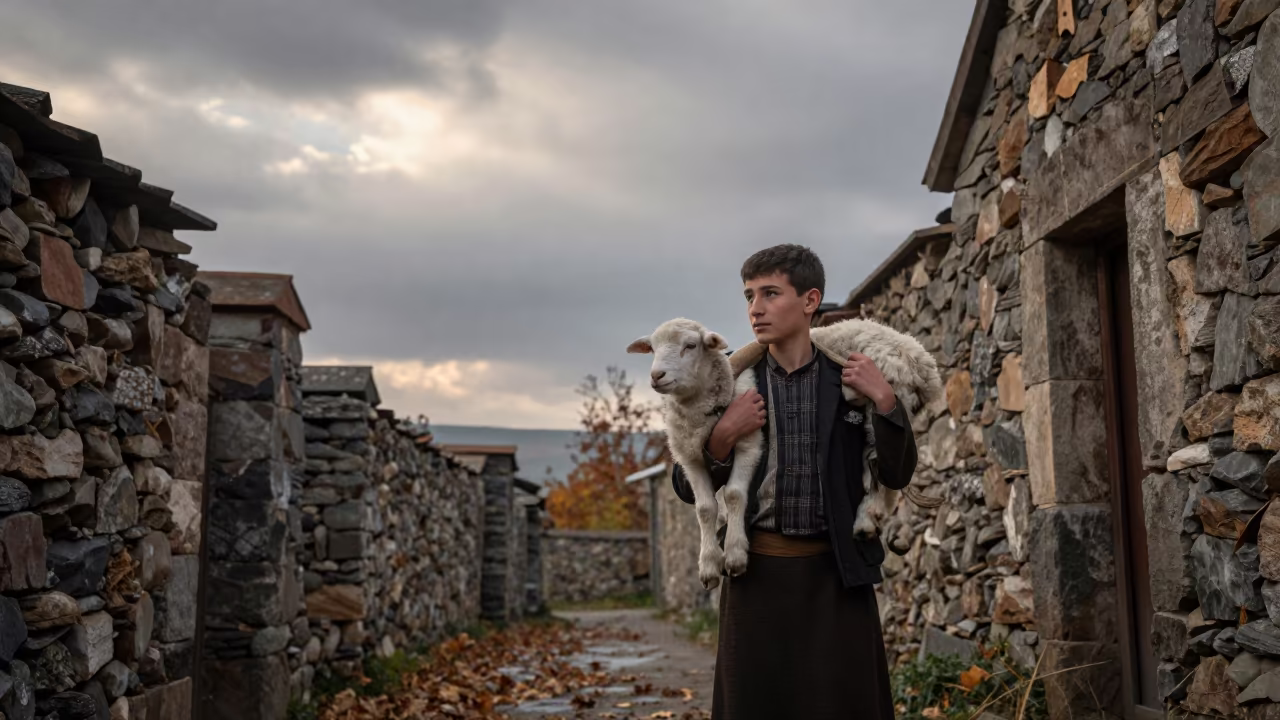 Young Shepherd and Lamb in Rustavi Stone Alley at Dawn in in a narrow stone alley near Rustavi