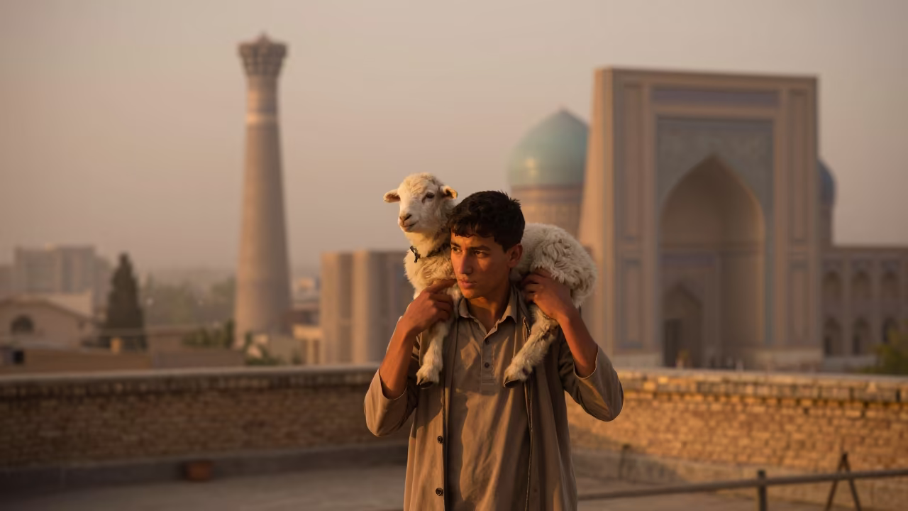Young Shepherd Lamb Shoulders Samarkand Mist in along a windswept rooftop near Samarkand