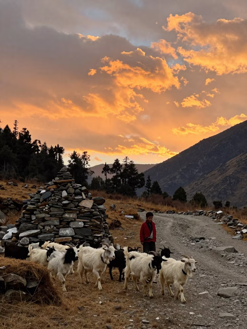 Young Shepherd Leading Goats Near Summit Cairn in beside a summit cairn above the tree line near Thimphu