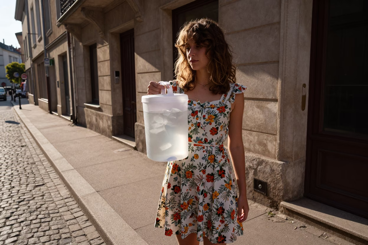 Young Woman Holding Cooler Jug Late Afternoon Light in Lyon in in Lyon, France