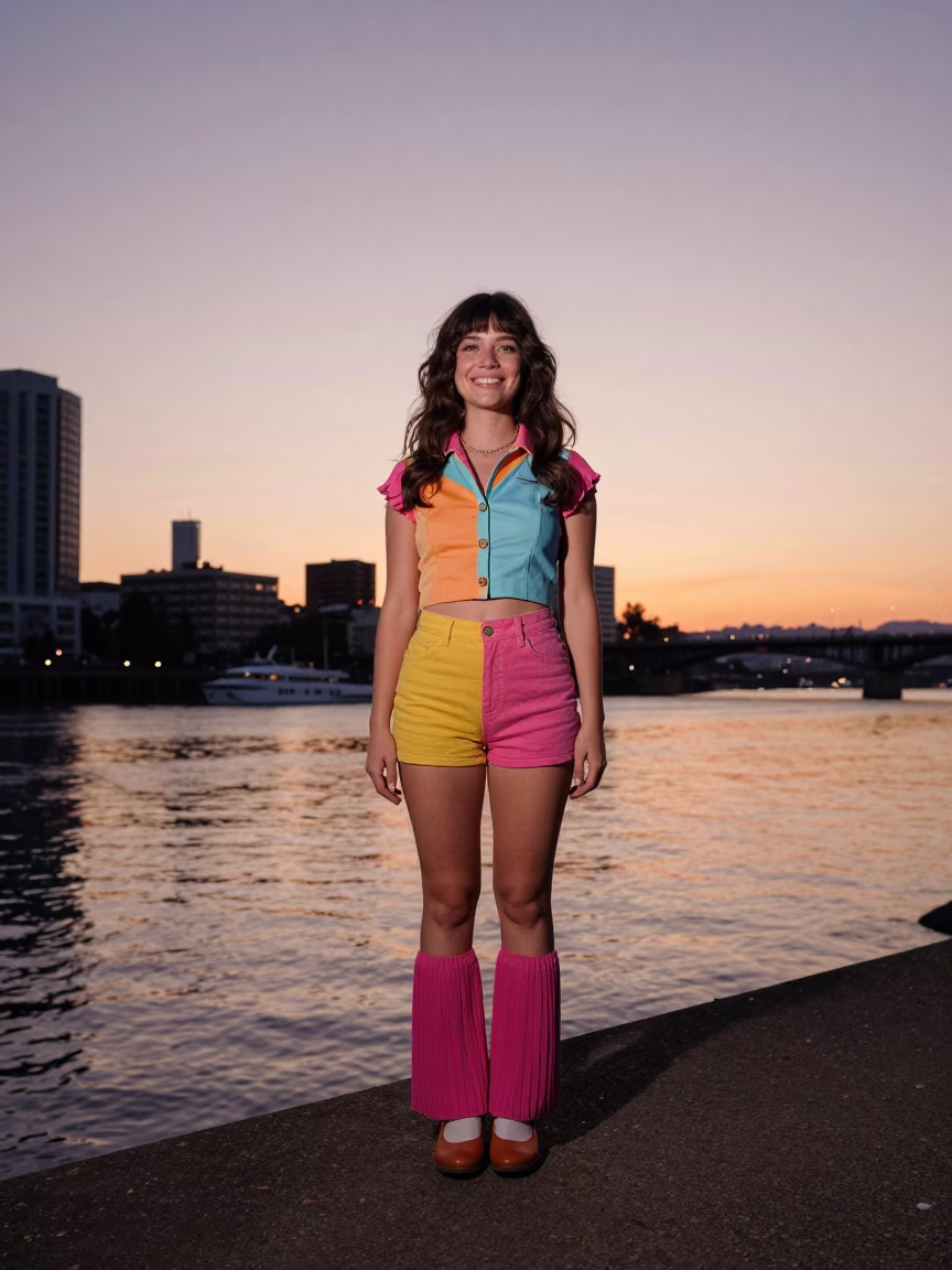 Young Woman Wearing Colorful 1970s Fashion in Portland in in Portland, Oregon, United States