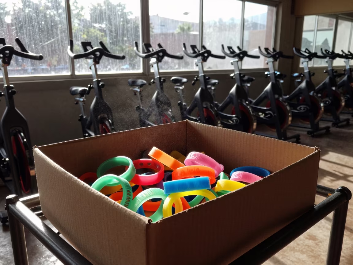 Youth Camp Wristbands Box in Spin Studio in inside a spin studio under class lights in Ejido