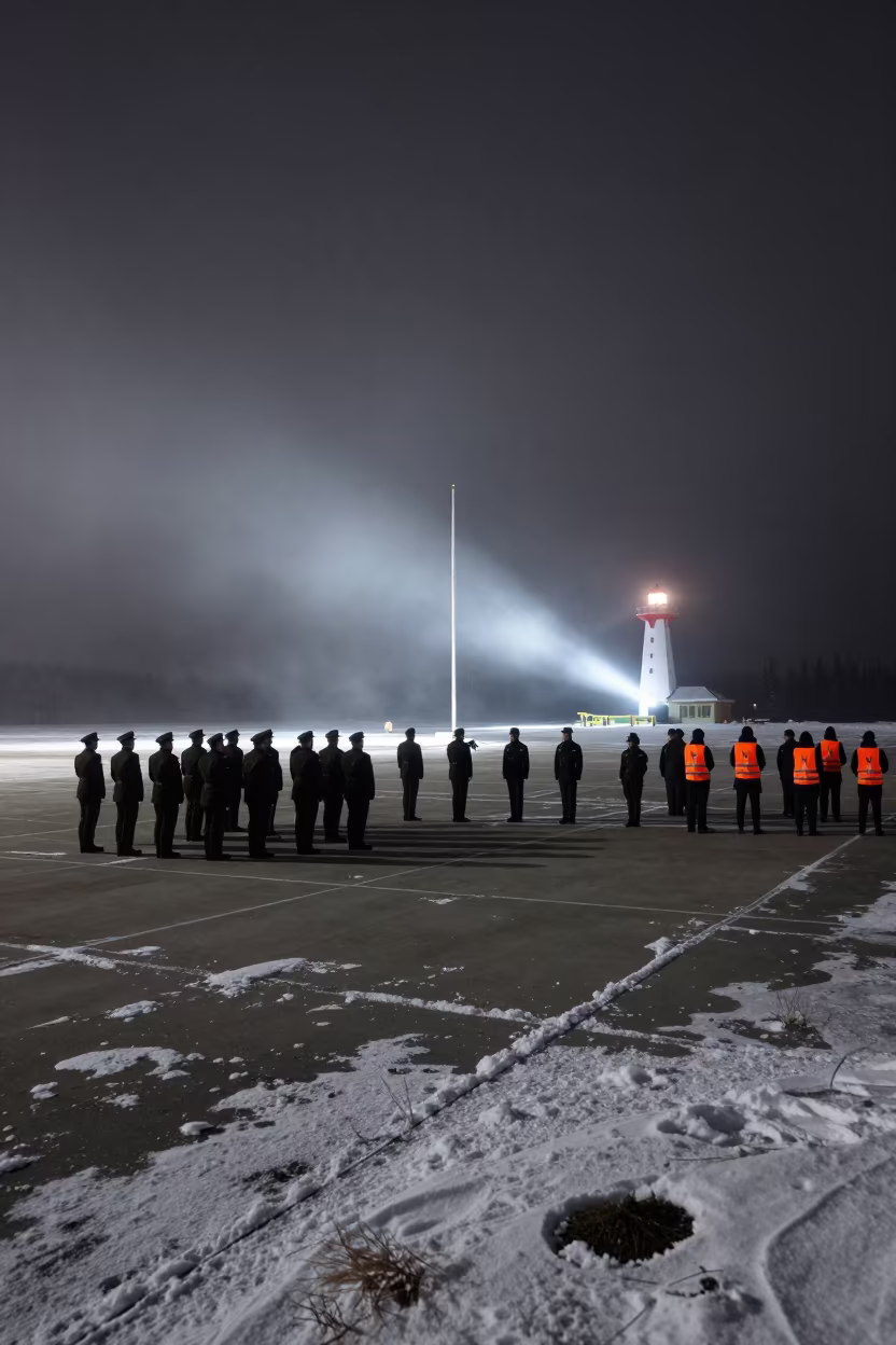 Yukon Night Flag Ceremony on Flight Line in along an airbase flight line in Yukon