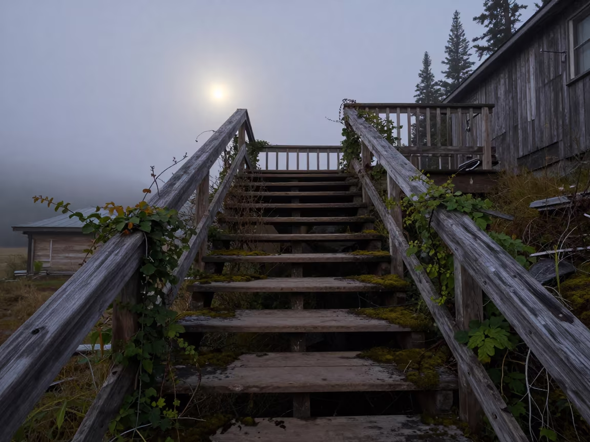 Yukon Stair Hall Reclaimed by Vines in Predawn in in Yukon