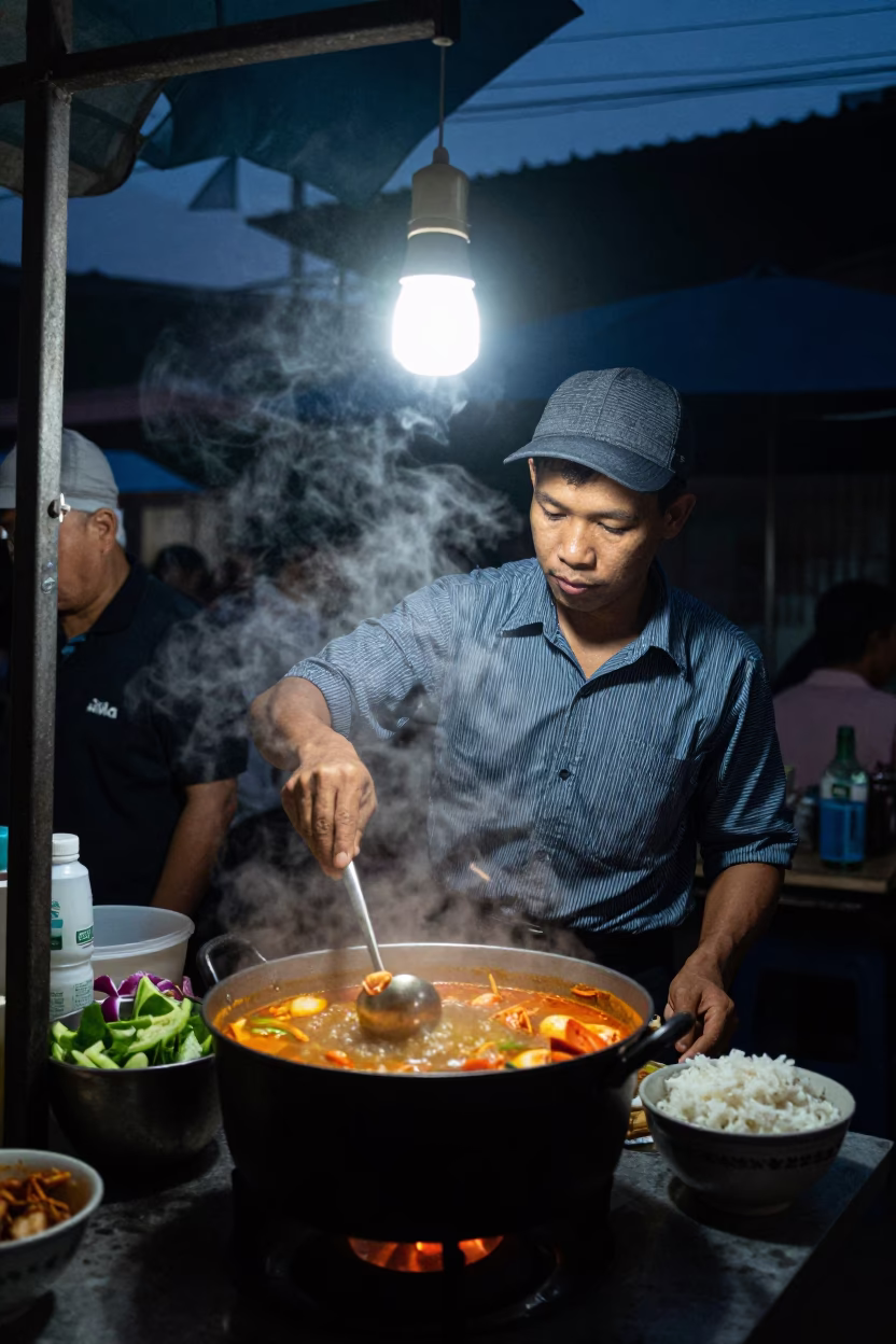 Yum Goong in Phnom Penh at The Predawn Darkness Light in in Phnom Penh, Cambodia