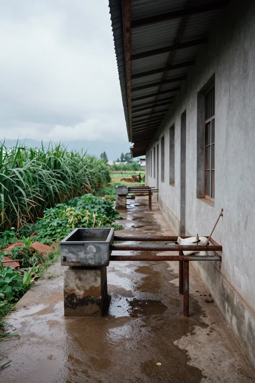Yunnan Goat Hoof Stand Low Angle View in near a windbreak and water trough in Yunnan