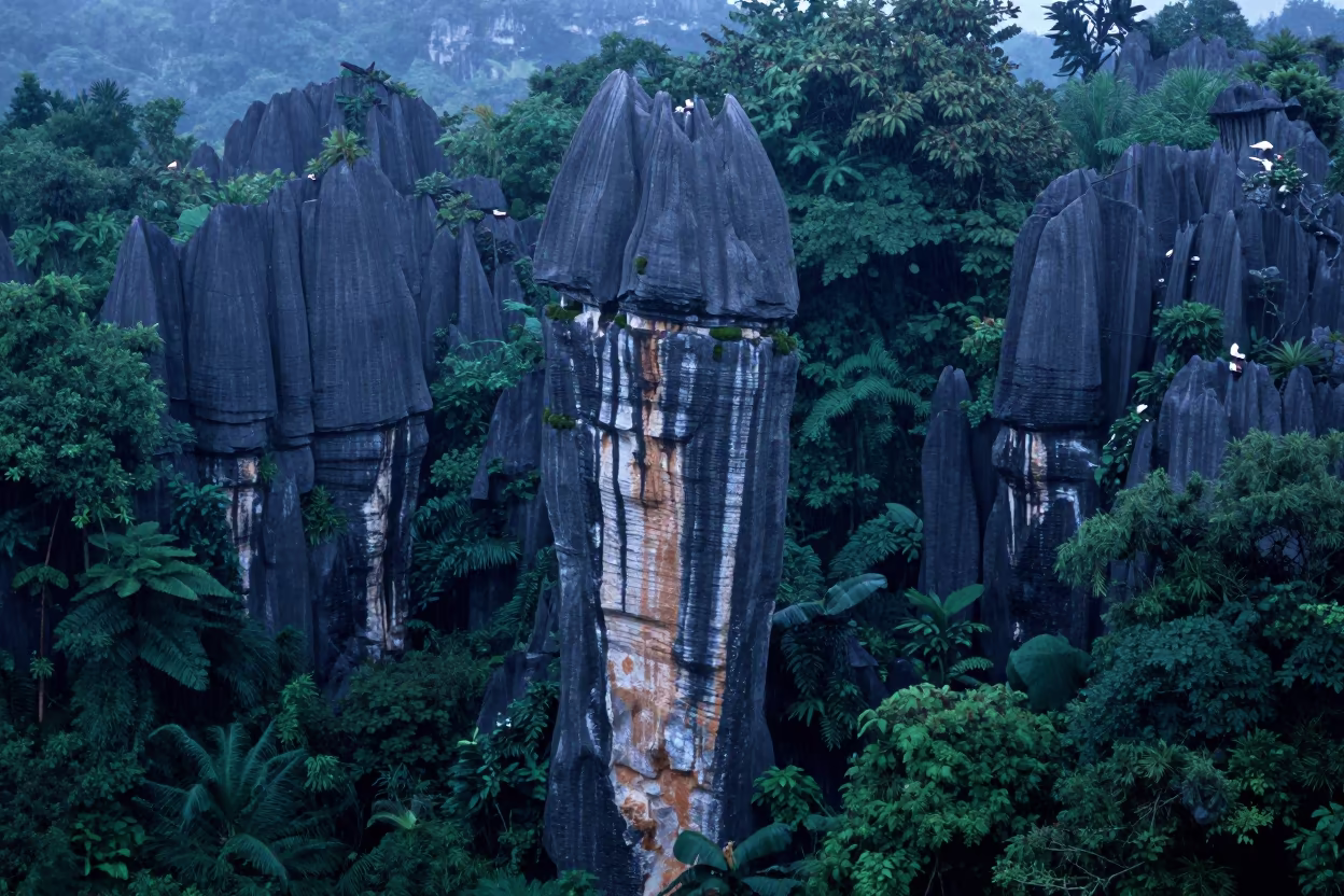 Yunnan Karst Tower Rising from Rainy Mist in in Yunnan