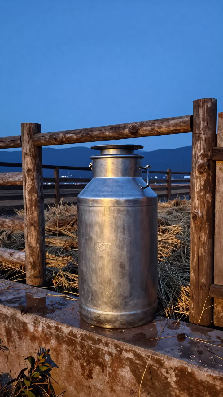Yunnan Ranch Milk Filter Bin Winter Twilight in inside a ranch corral in Yunnan