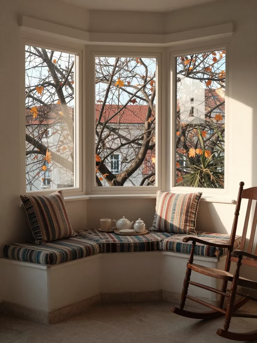 Zadar Porch Bay Window Seat Late Autumn in on a porch with a rocking chair near Zadar