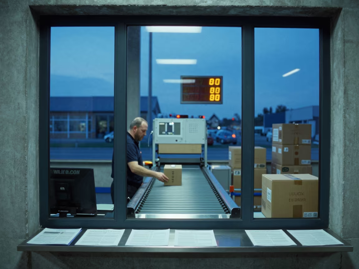 Zagreb Will-Call Window Blue Hour Handoff in at a parcel sorting belt in Zagreb