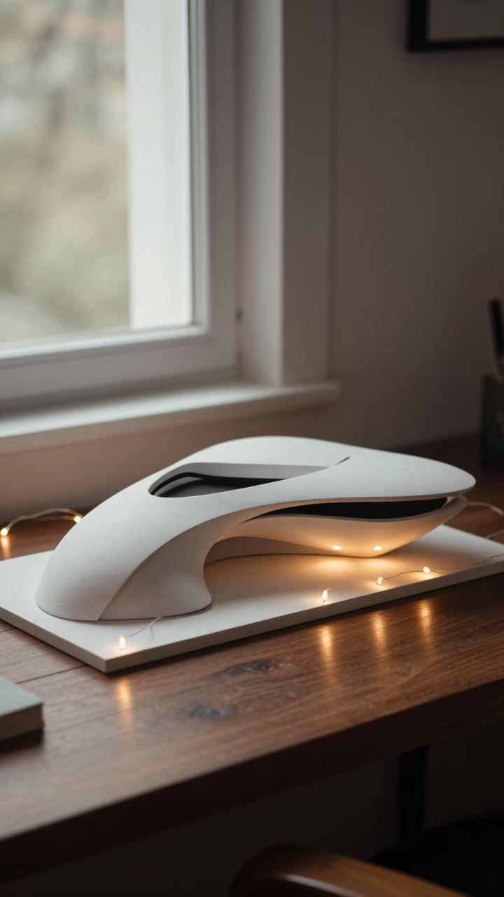 Zaha Hadid Museum Model on Desk at Night in on a writing desk near Ipswich