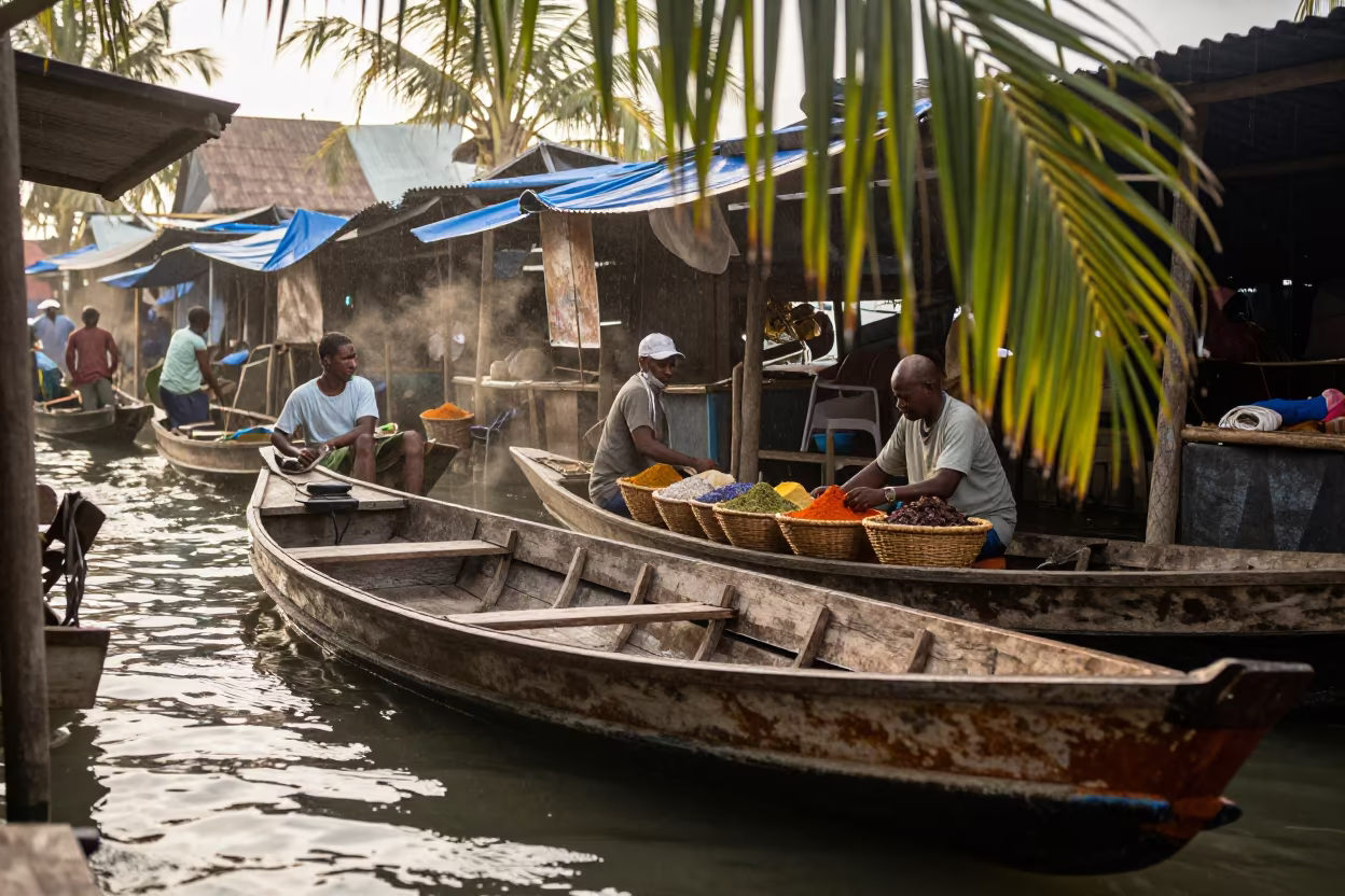 Zanzibar Canal Market Vendors Exchange Goods in in a flea market lane in Zanzibar City