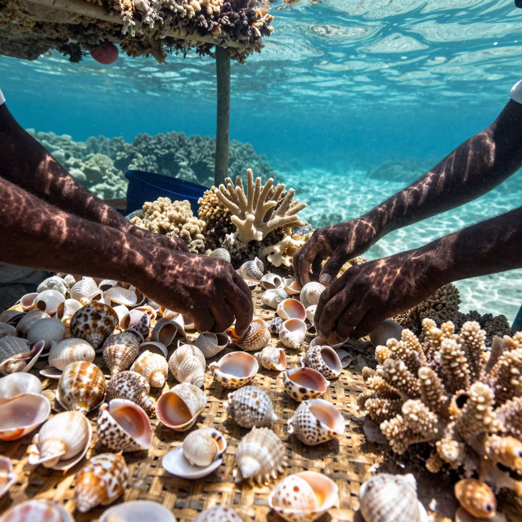 Zanzibar Coral Vendor Arranging Shells Underwater in beneath a reef ledge in tropical shallows near Zanzibar