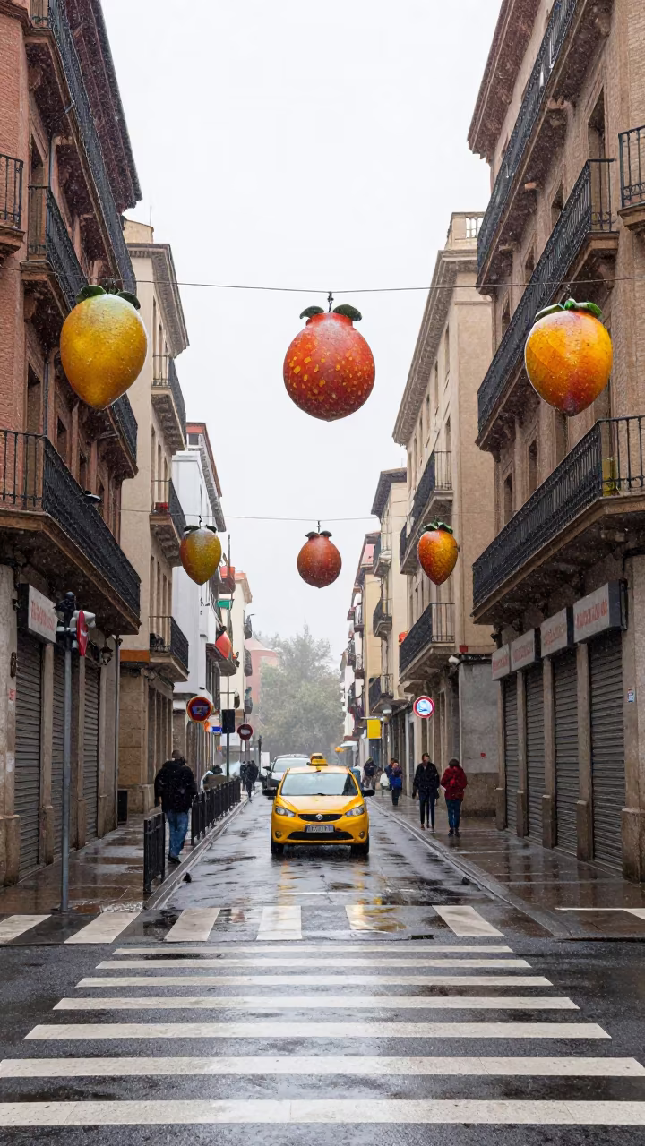 Zaragoza Crosswalk Sleet Taxi Noon Sky in along a shuttered arcade in Zaragoza