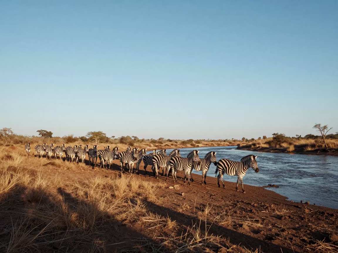 Zebra Herd Crossing River at Dawn in on a wind-scoured ridge near Salvador