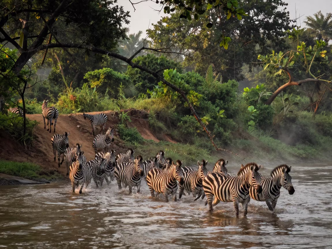 Zebra Herd Crossing River in Evening Light in along a game trail in Indonesia