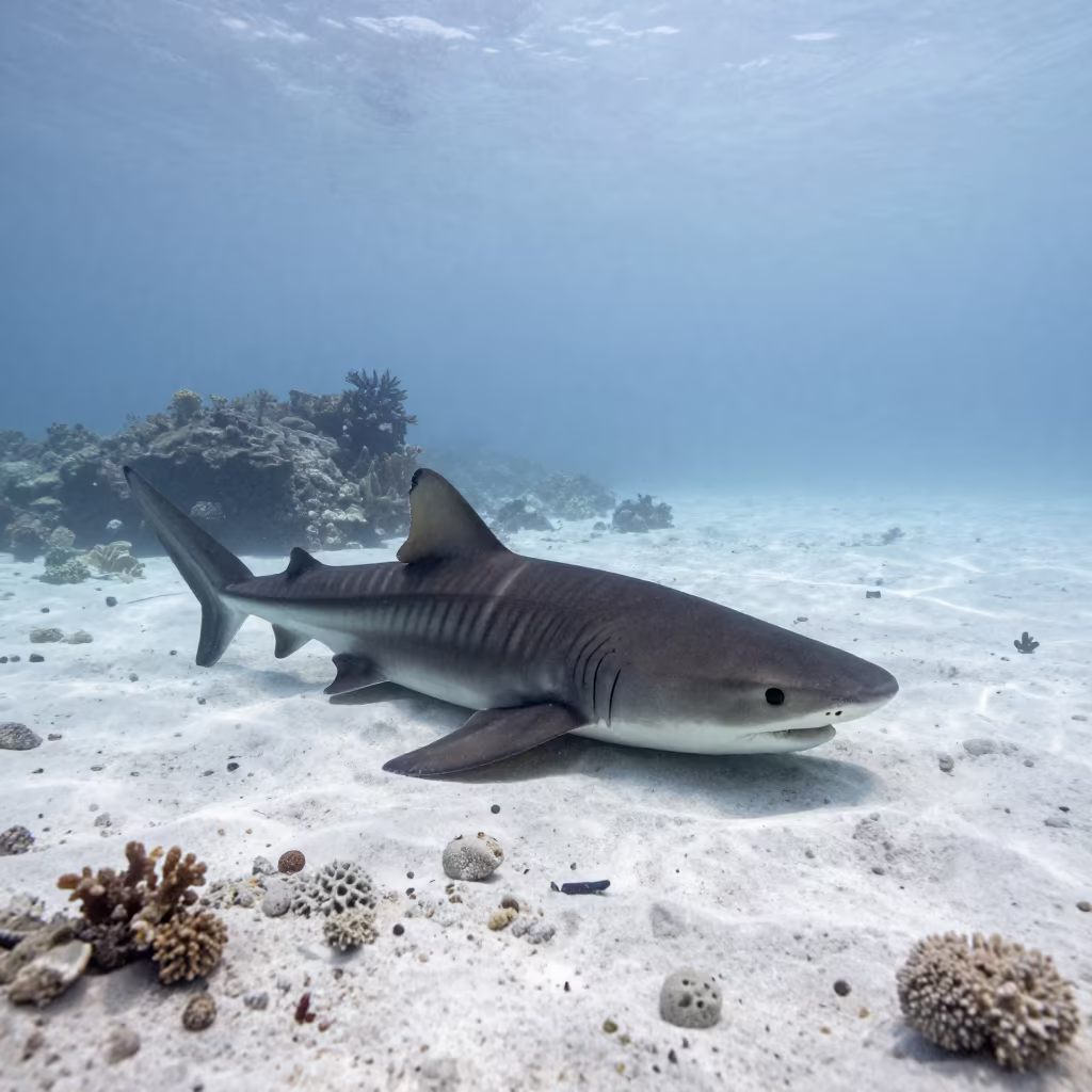 Zebra Shark Resting on Sand at Dawn in beside a reef crevice under clear water near Cebu