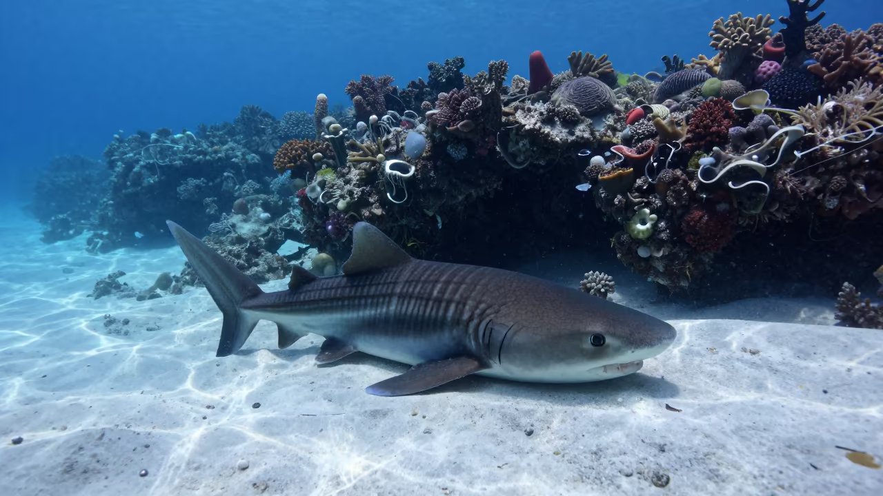 Zebra Shark Resting on Sand Near Reef in beside a reef crevice under clear water near Cairns