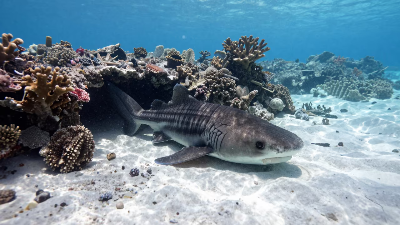 Zebra Shark Resting on Sand Near Reef in beside a reef crevice under clear water near Cairns