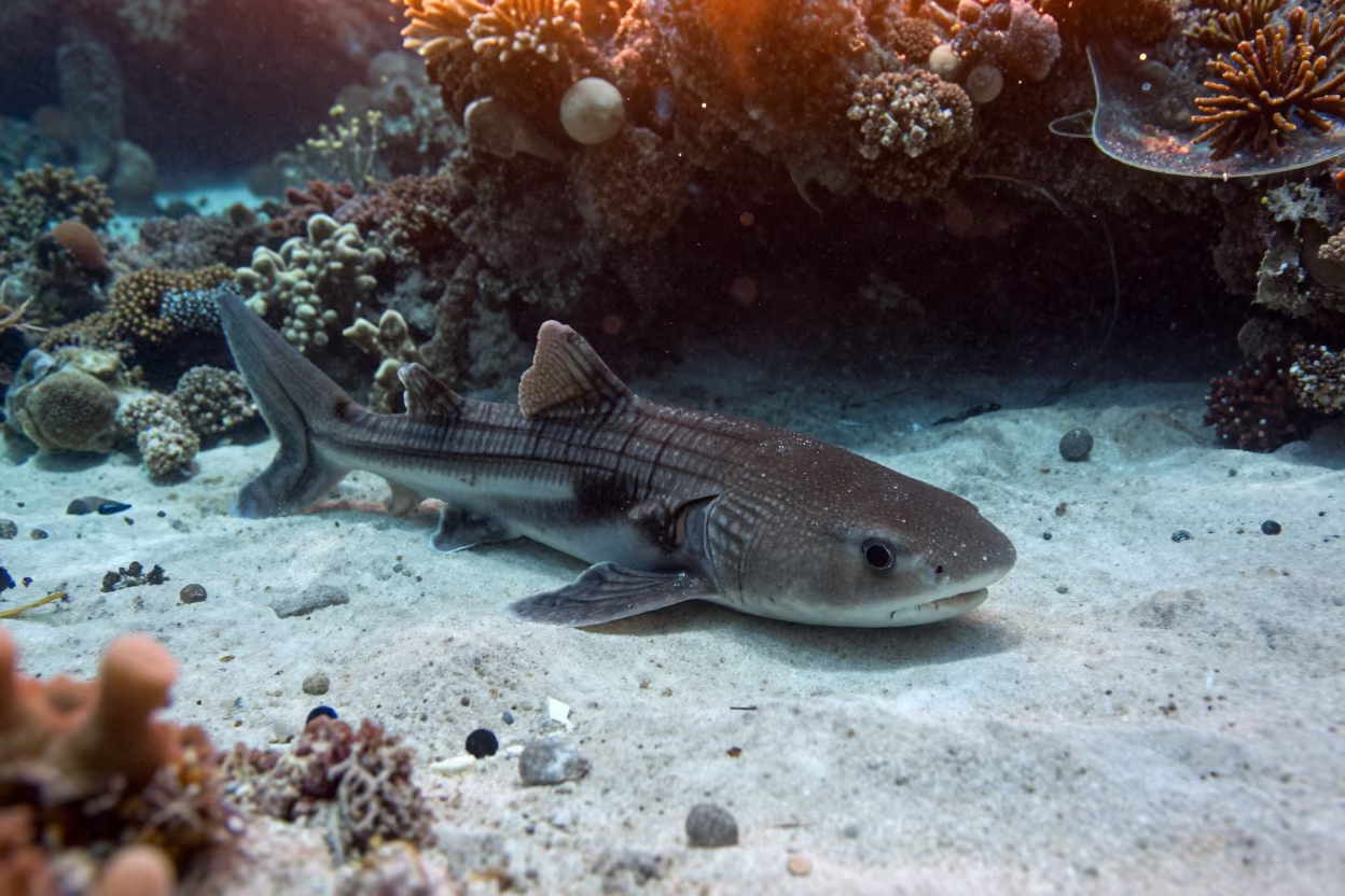 Zebra Shark Resting on White Sand Near Coral in beside a reef crevice under clear water near Denpasar