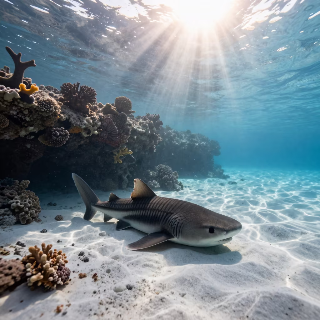 Zebra Shark Resting on White Sand Near Coral Rubble in beneath a reef ledge in tropical shallows near Stone Town