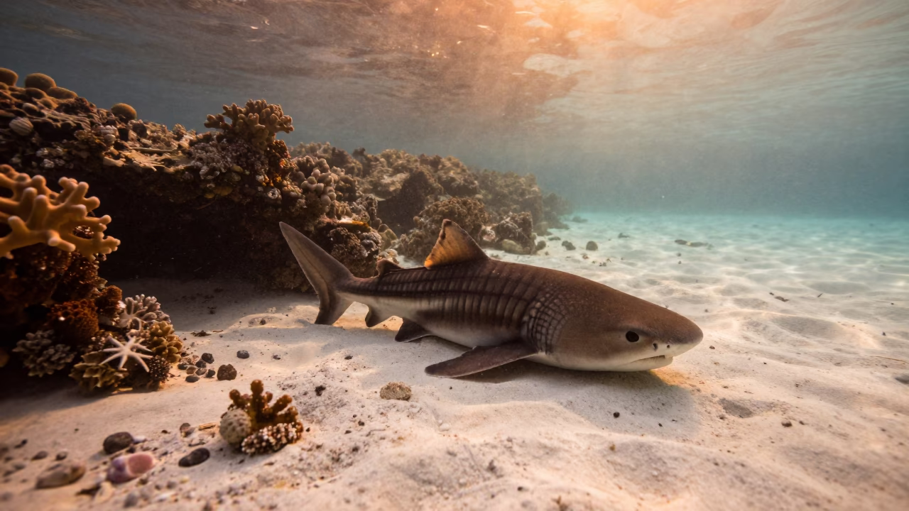 Zebra Shark Resting on White Sand at Sunset in beside a reef crevice under clear water near Zanzibar