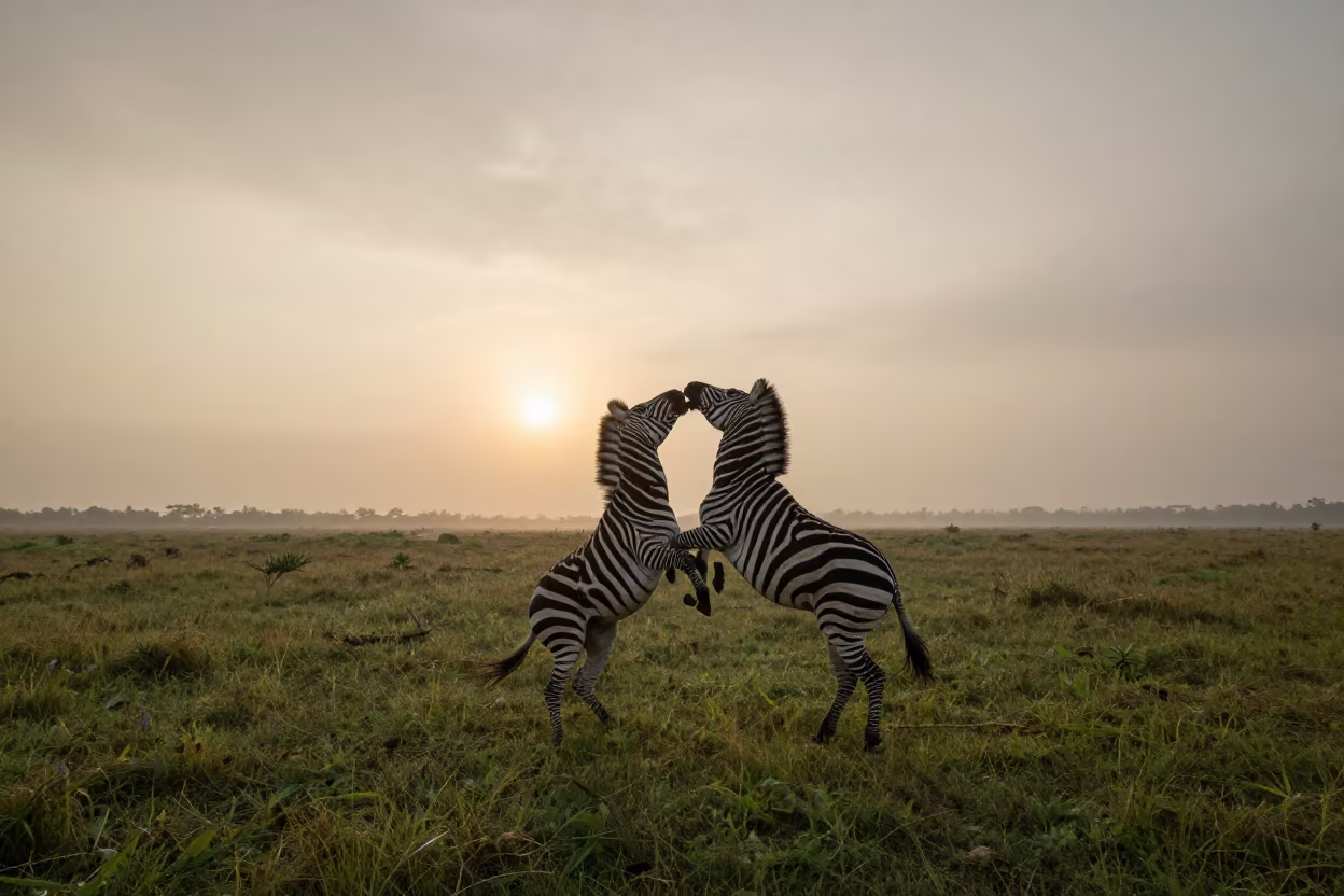 Zebra Stallion Kicking Rival at Dawn Bali in in Bali