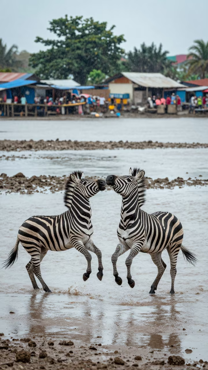 Zebra Stallion Kicks Rival Near Bazurto Market in beside a tidal inlet near Bazurto Market, Cartagena